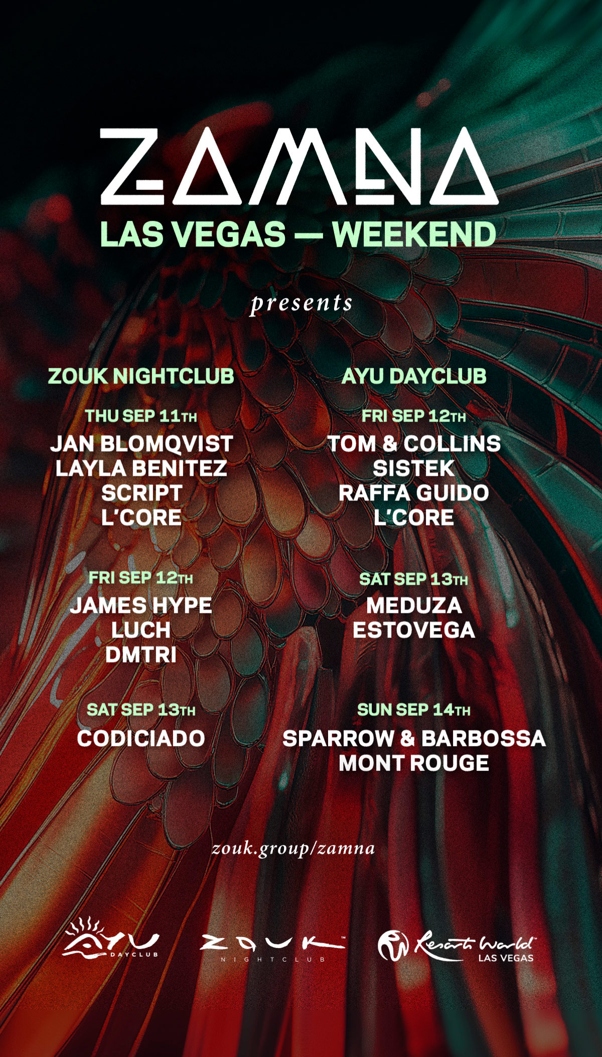 Promotional flyer for Zamna Las Vegas Weekend, listing performances at Zouk Nightclub and Ayu Dayclub from September 12–14, 2025, with artists including Jan Blomqvist, Meduza, and Sparrow & Barbossa.