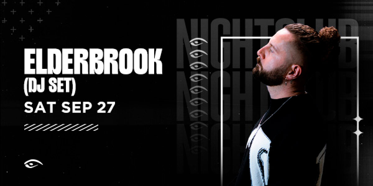 Elderbrook looking upward in a dramatic pose against a dark nightclub backdrop, promoting his DJ set on Saturday, September 27.
