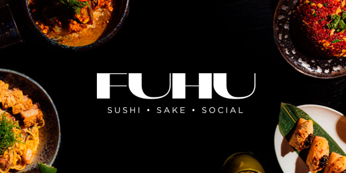 Overhead view of assorted Asian dishes including sushi, spicy rolls, and flavorful entrées, surrounding a bold black background with the FUHU logo in white and the tagline “Sushi • Sake • Social.”
