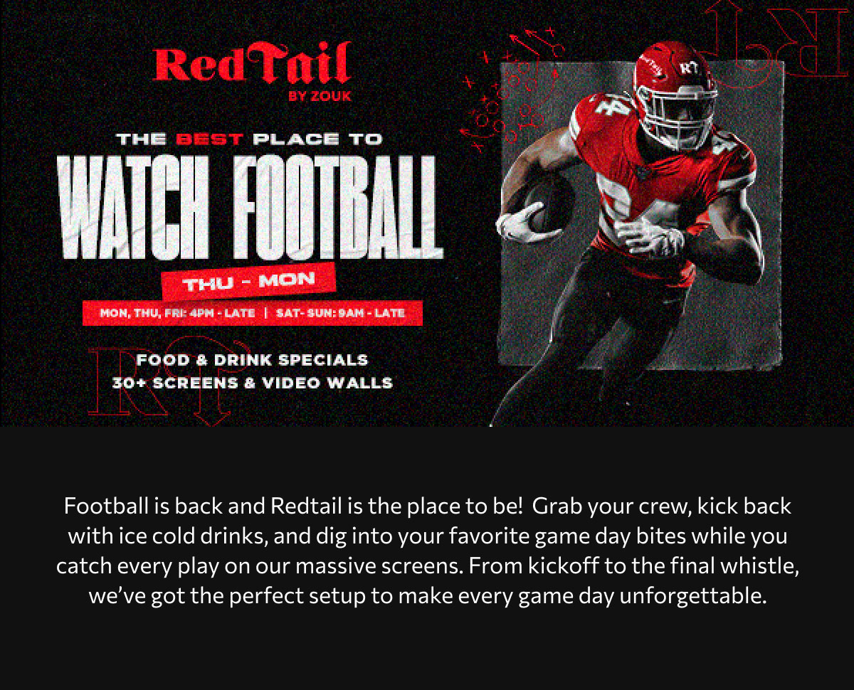 Football player in red uniform running with the ball, promoting game day food and drink specials at RedTail Las Vegas.