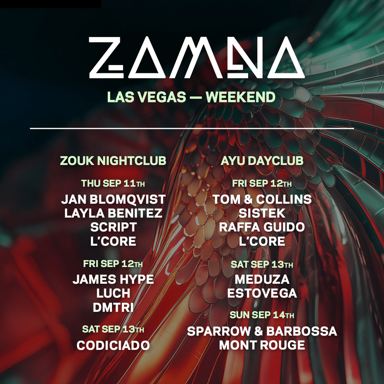 Zamna Las Vegas Weekend banner listing performances at Zouk Nightclub and Ayu Dayclub from September 11 to 14, with artist names and colorful abstract background.