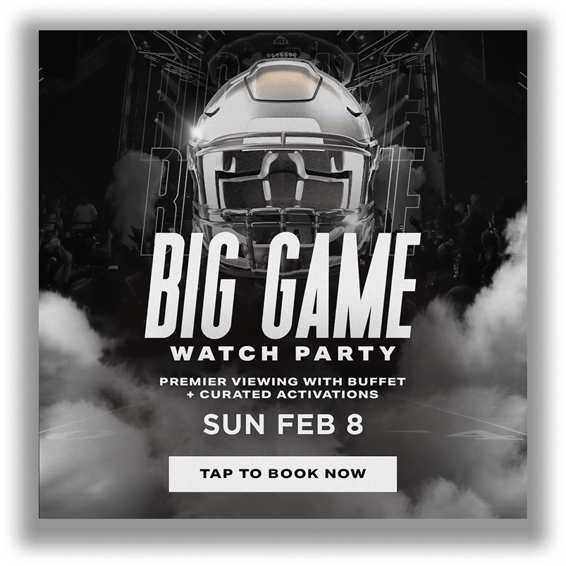 Promotional graphic for a Big Game watch party featuring a football helmet and event details.